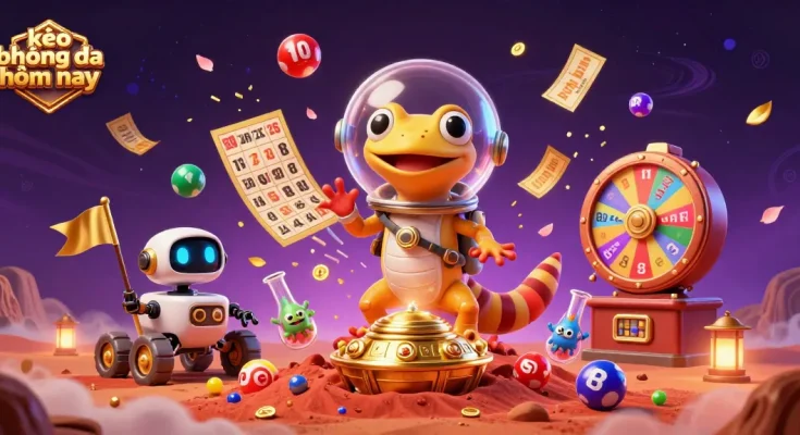 Engage in kèo bóng đá hôm nay with a dynamic scene featuring a Martian gecko exploring a golden casino in a vibrant, colorful environment.