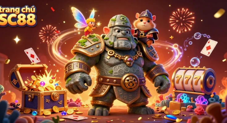 Play exciting games at trang chủ SC88, featuring a vibrant 3D golem guardian and magical elements.