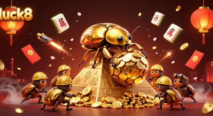 Experience excitement with luck8 as a golden beetle rolls coins up a pyramid in luxurious casino art.