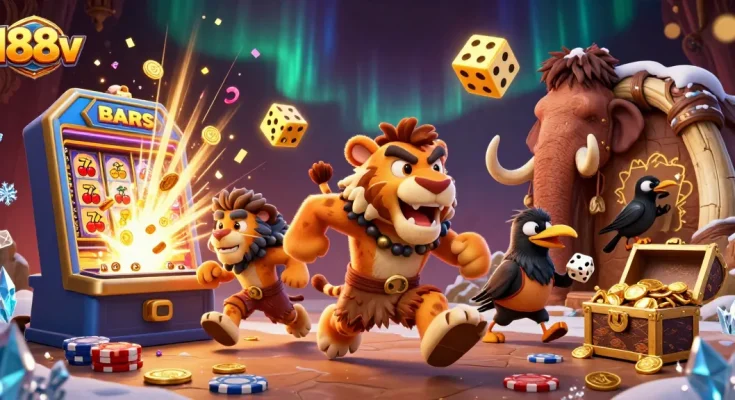 Experience the thrill of 188v slots with a vivid scene of prehistoric casino fun and jackpot excitement.