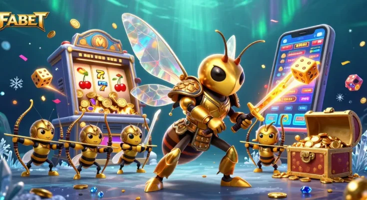 FABET offers thrilling gaming experiences with a giant hornet and bee archers in an exciting casino-themed scene.