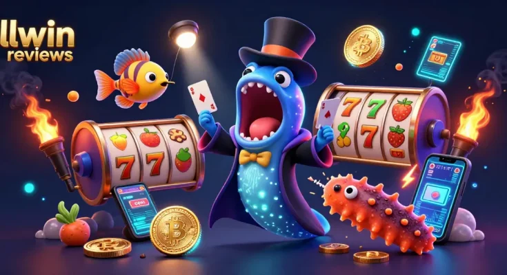 Engage in llwin reviews with a dynamic 3D illustration featuring gambling characters and casino elements.