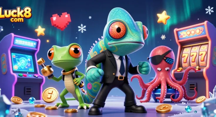 Engage with Luck8 com through this 3D casino scene where colorful arcade elements meet vibrant game symbols.