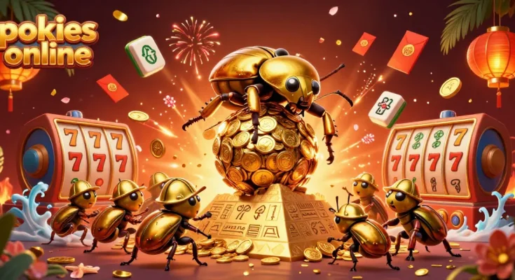Experience thrilling pokies online amid a vibrant 3D casino scene with golden beetles and slot reels.