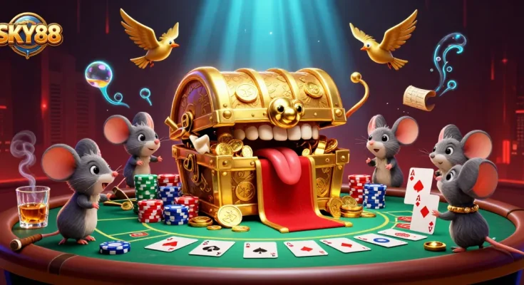 Engage with SKY88 at a vibrant poker scene featuring treasure chests and colorful chips.