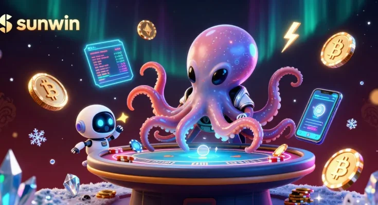 Players engage with sunwin's captivating games in a vibrant 3D alien casino scene.