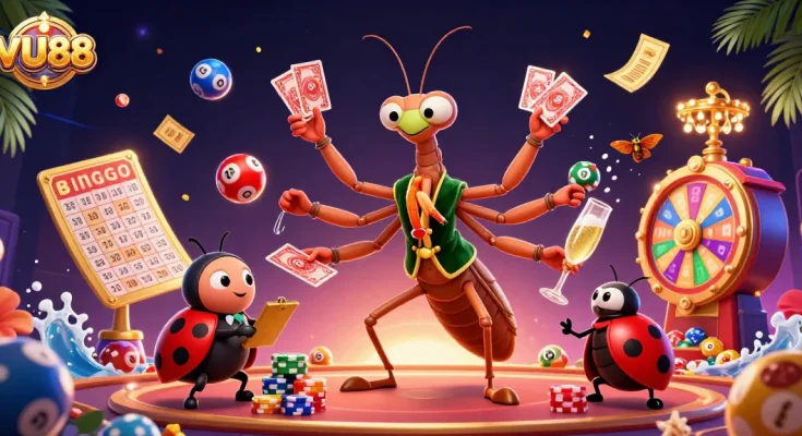 Experience exciting gameplay at VU88 with vibrant colors and dynamic casino elements in this 3D illustration.