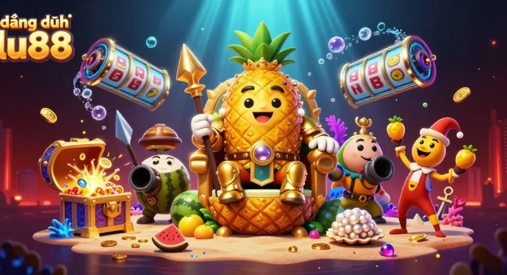 Experience the thrill of đăng ký lu88 with the golden pineapple king and vibrant casino elements in this illustration.