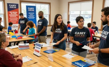 Community volunteers discussing Casey Askar's candidacy at local event
