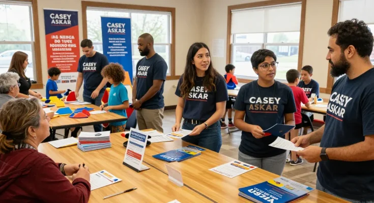 Community volunteers discussing Casey Askar's candidacy at local event