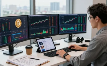 Infografiken über Kryptowährungen und Marktstatistiken in einer professionellen Arbeitsumgebung
