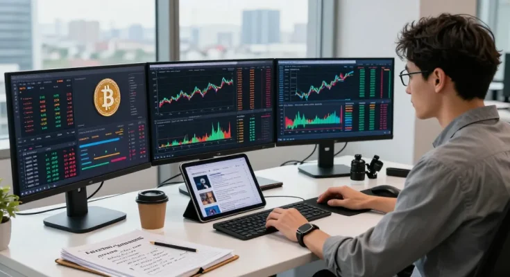 Infografiken über Kryptowährungen und Marktstatistiken in einer professionellen Arbeitsumgebung